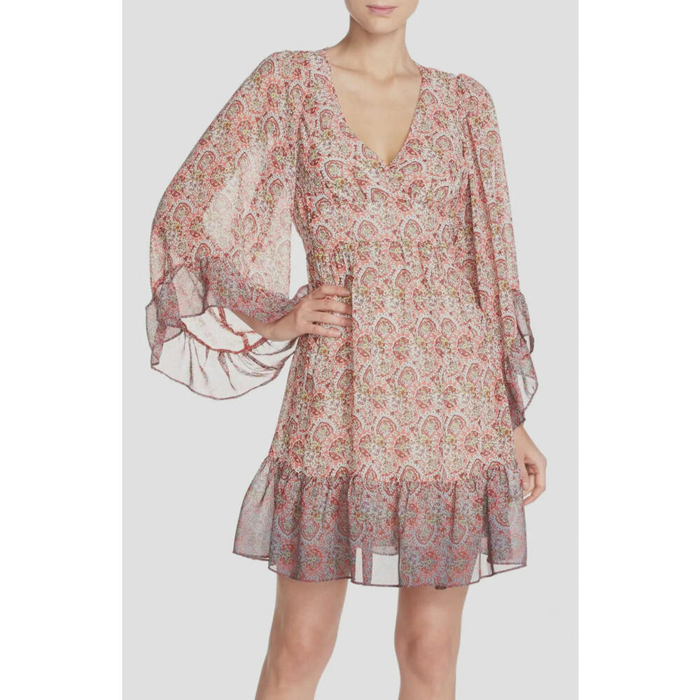 Betsey Johnson Boho Chic Dress Size 10 Floral Bell Sleeve V-neck Baby Doll Flirt